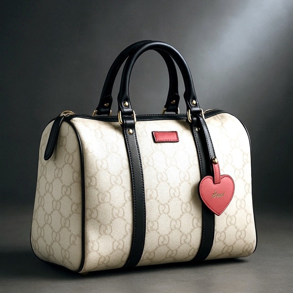 Gucci Handbags - GUCCI AUTHENTIC BOSTON BAG-EGGSHELL COATED CANVAS BLK LEATHER TRIM PINK CHARM